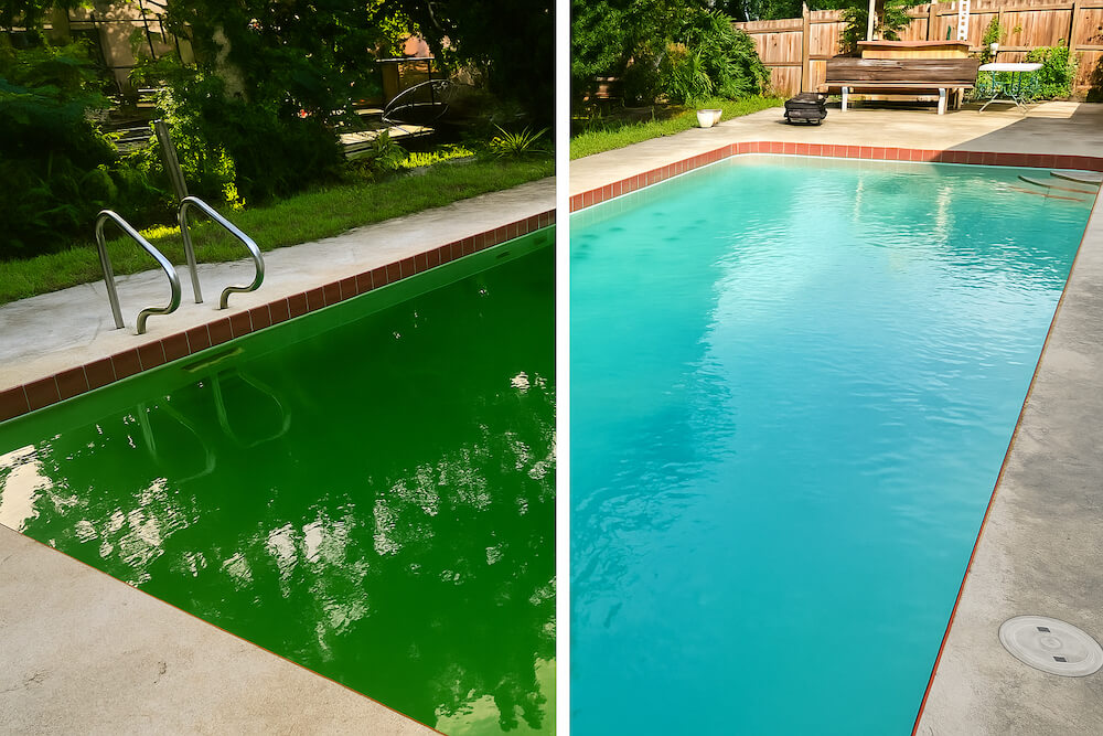 Dirty green pool transformed into a beautiful, crystal-clear pool.