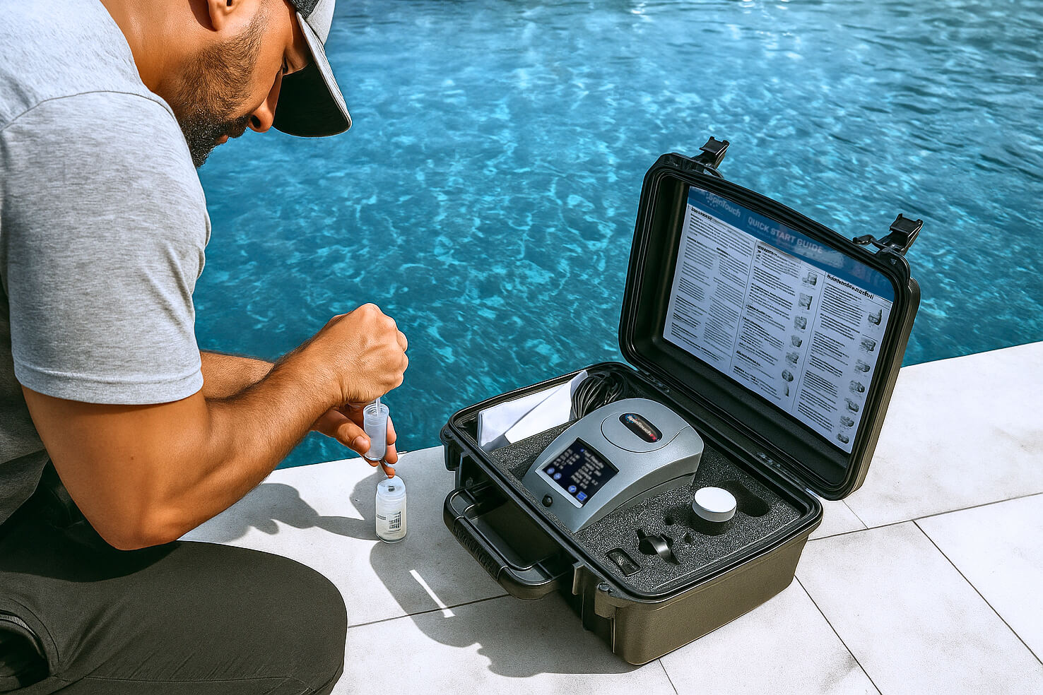 Pool technician using advanced pool care technology